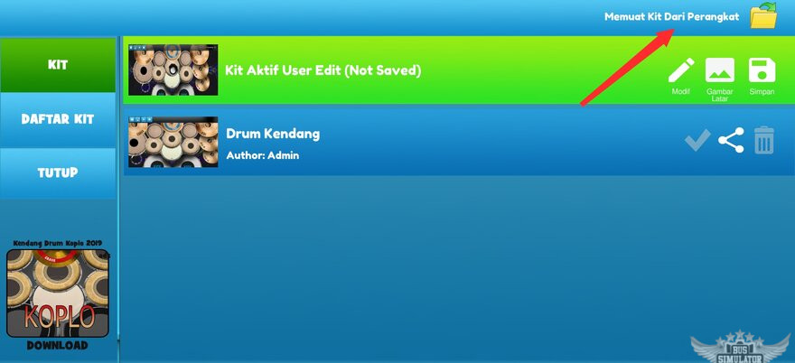 klik yang ditunjuk untuk tambah kit baru di real drum mod apk