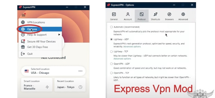 Pilihan protokol di Express VPN Mod