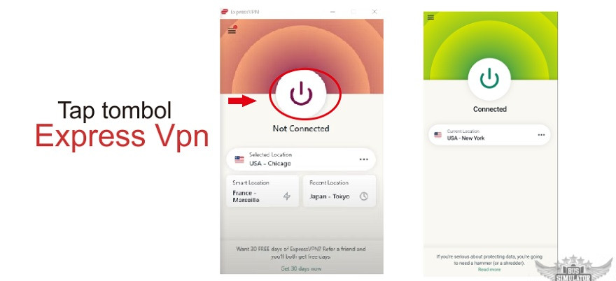 Tap tombol Express VPN Mod untuk memulai akses VPN